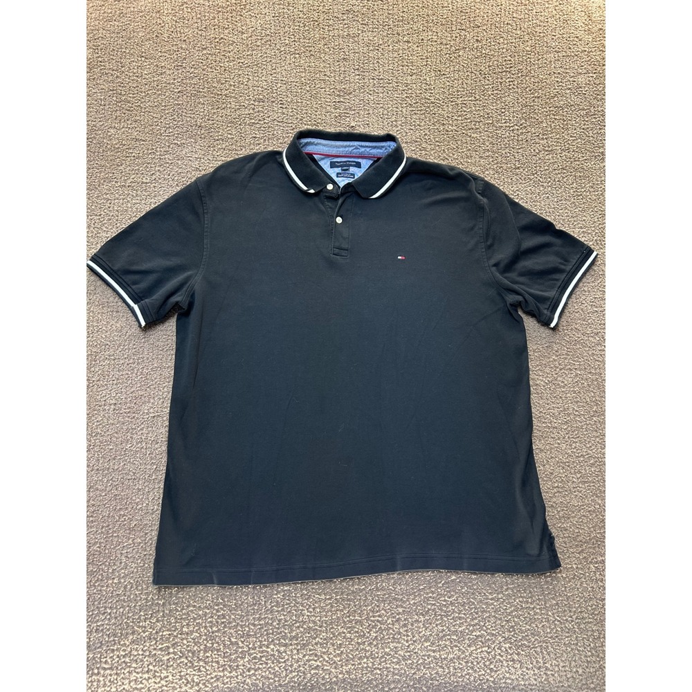 Tommy Hilfiger Mens XXL Custom Fit Black Polo Shirt White Tipped Short Sleeve